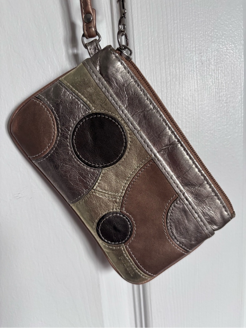 Vintage Fossil Metallic Leather Patchwork Wristlet Clutch Wallet